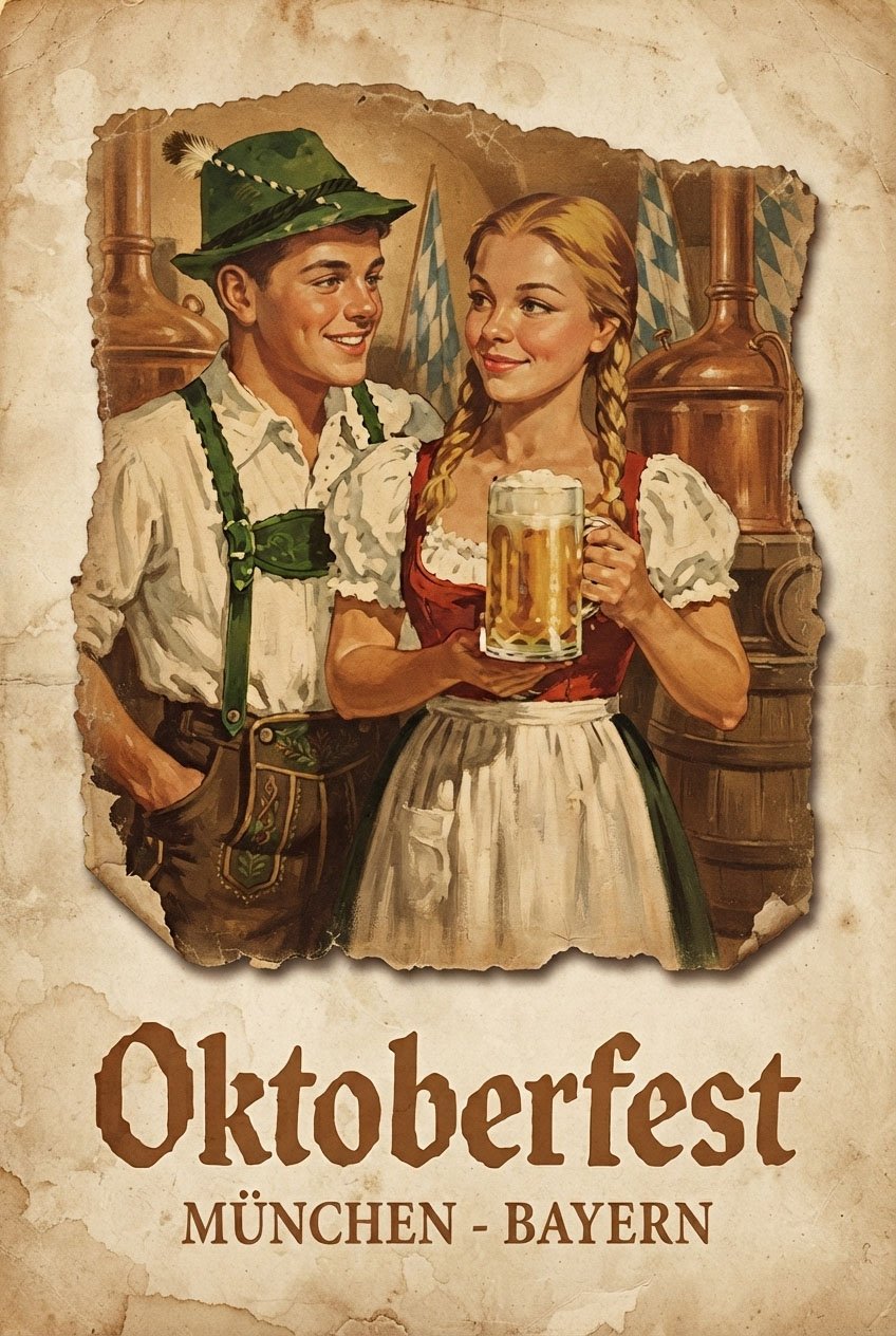 Ilustração de um casal com canecos de cerveja na primeira Oktoberfest em Munique, orelha do livro O Rei da Cerveja de Renato Reiniger